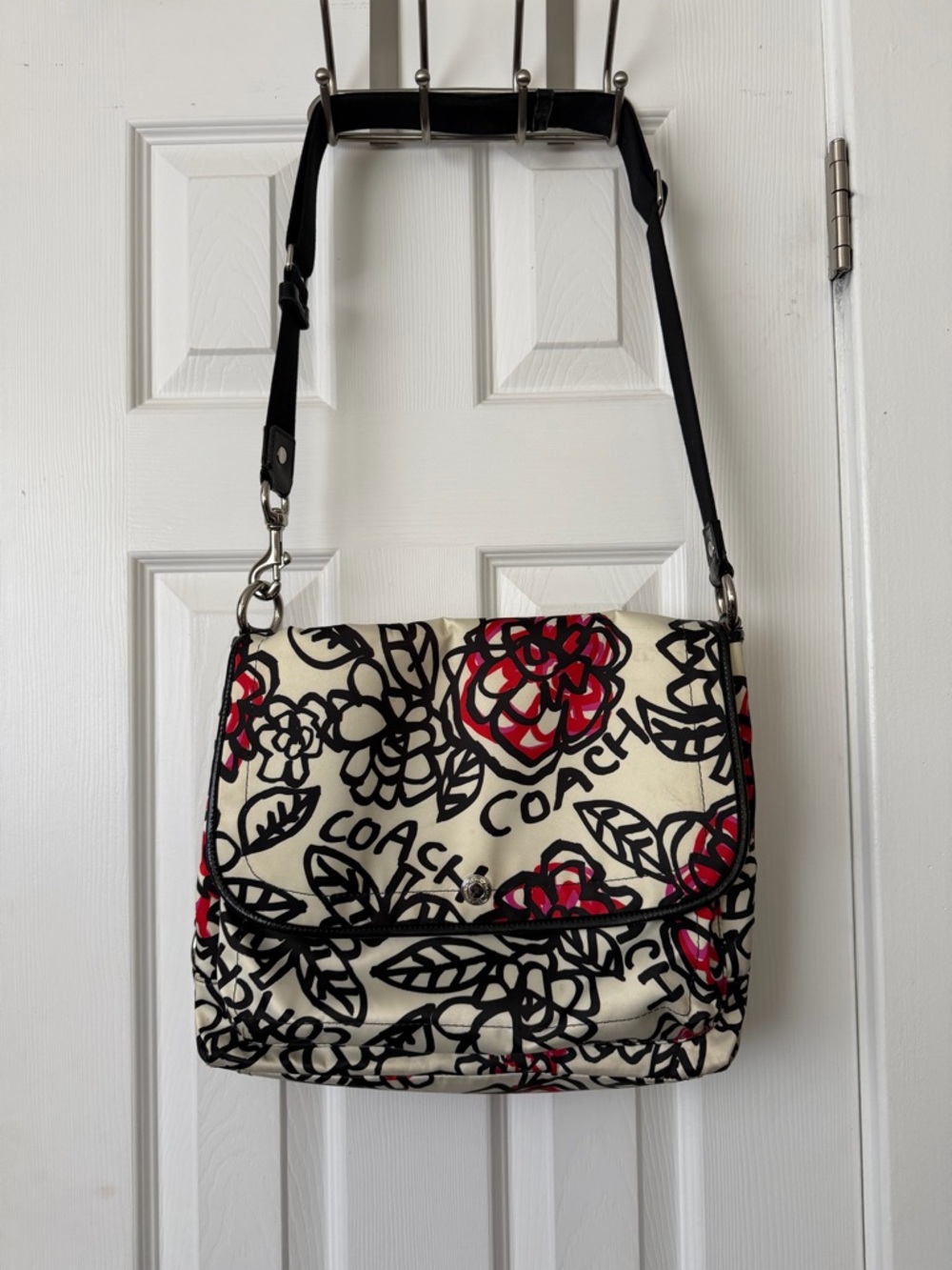 COACH Cream Poppy Crossbody with Black Floral Outline & Red Accents